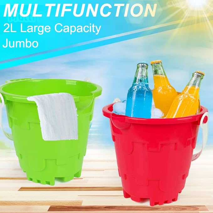 Jumbo Castle Model Beach Gear 7" Large Sand Buckets Pails Beach Water Pool Gardening Bath Toy Environmentally ABS Durable Thick Plastic Complete Gift Set Bundle For Kids Boys Girls- 3 Pack Green Blue
