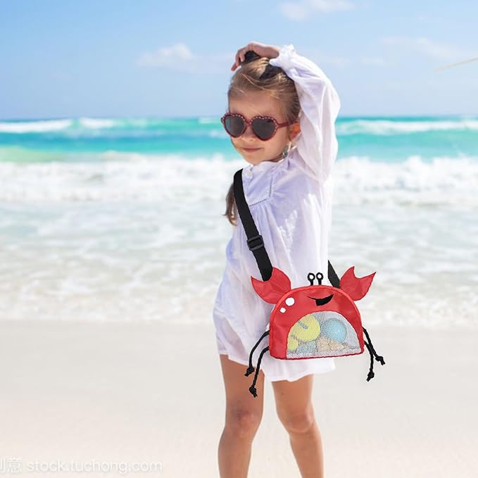 Kids Mesh Beach Bag, Cute Crab-Shaped Seashell Collecting Bag with Adjustable Strap for Holding Shell Beach Toy