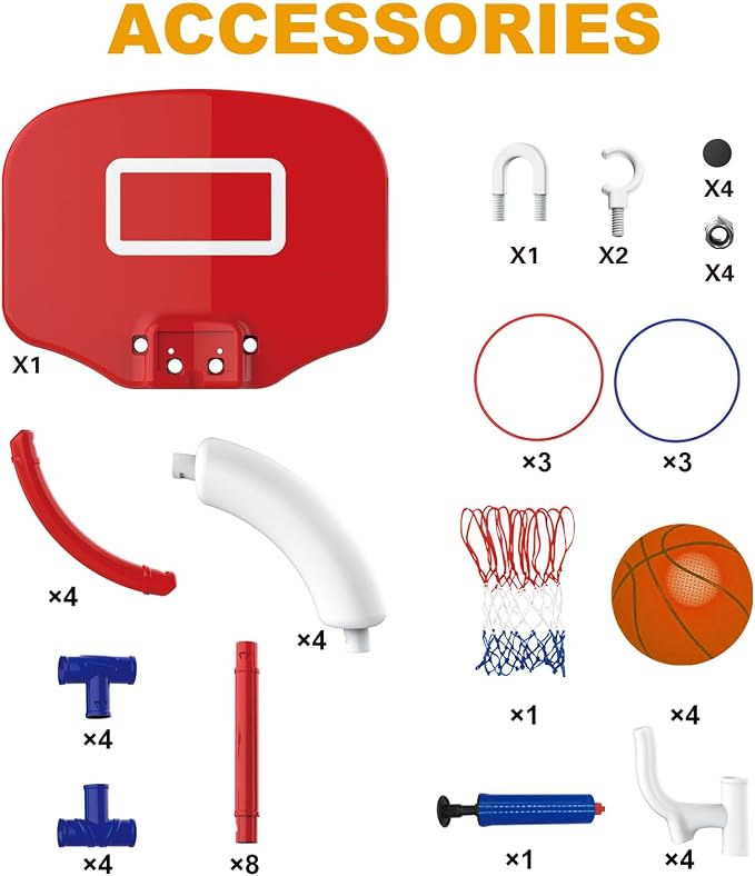 Taotuo Red Floating Pool Basketball Hoop with Backboard, 2-in-1 Poor Toy Basketball & Ring Toss Game with 4 Balls, 6 Rings&Pump, Summer Pool Toys Indoor&Outdoor Water Fun Family Party for Age 3-12
