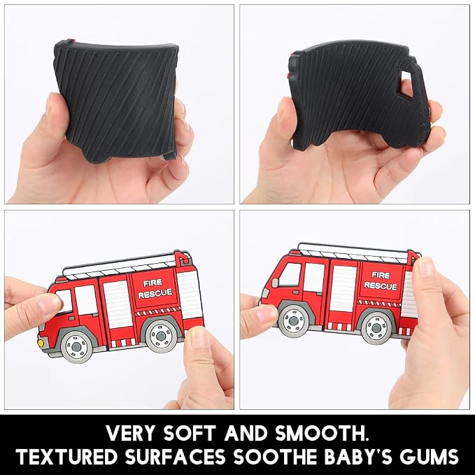 Baby Silicone Teether,Sensory Chew Toys,BPA Free Soft and Effective Infant Teething Pain Relief Toys,Freezer Safe,Food Grade Silicone,Best Shower Gift for Boys and Girls (Fire Truck).