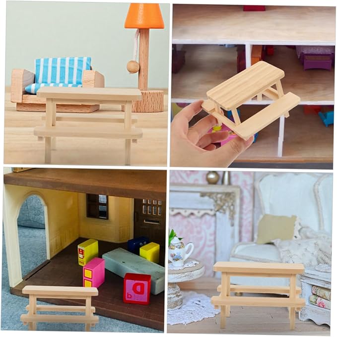Abaodam 2Pcs Miniature Wooden Picnic Table Dollhouse Furniture Accessories Unfinished Wood Bench Table for Creative Photography Dollhouse Decoration Scene Setup