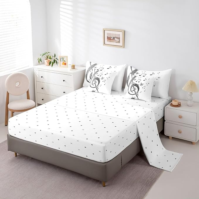Feelyou Music Comforter Set with Sheets King Size Guitar Bed in a Bag for Boys Girls Teens White 7 Pieces Bedding Set Soft Lightweight Microfiber