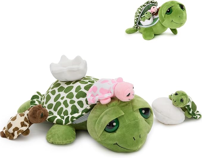 6Pcs Sound Turtle Plush Toy, 14" Talking Mother Turtle Stuffed Animal with 3 Baby Tortoise & 2 Eggs, Stuffed Educational Sea Creature for Kids, Ocean Plushies Gift for Birthday Christmas