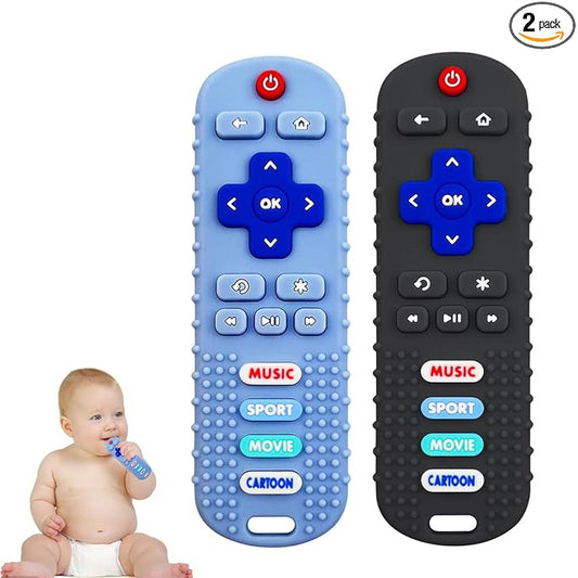 2PCS Baby Remote Control Toy, Soft Silicone Baby Remote Control Shape Teethers Toys for Babies 3 6 12 18 Month(Black + Blue)