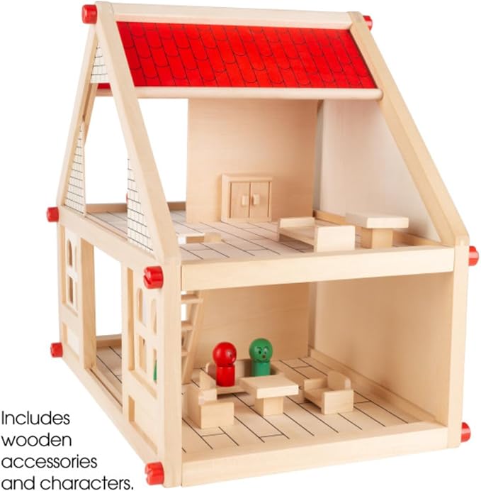 HEY! PLAY! Dollhouse for Kids – Classic Pretend Play 2 Story Wood Playset with Furniture Accessories and Dolls for Toddlers, Boys and Girls