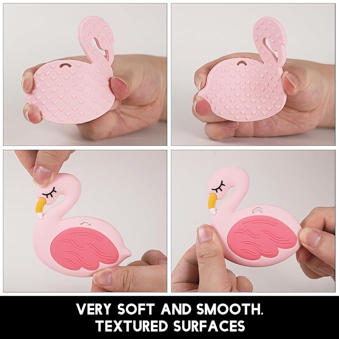Baby Teething Toys,Food Grade Silicone Teether with One-piece Pacifier Clip Holder,Baby Gift,Highly Effective Pain Relief for 3 Months+ Boy and Girl,BPA Free,Freezer Safe. (Pink Flamingo)
