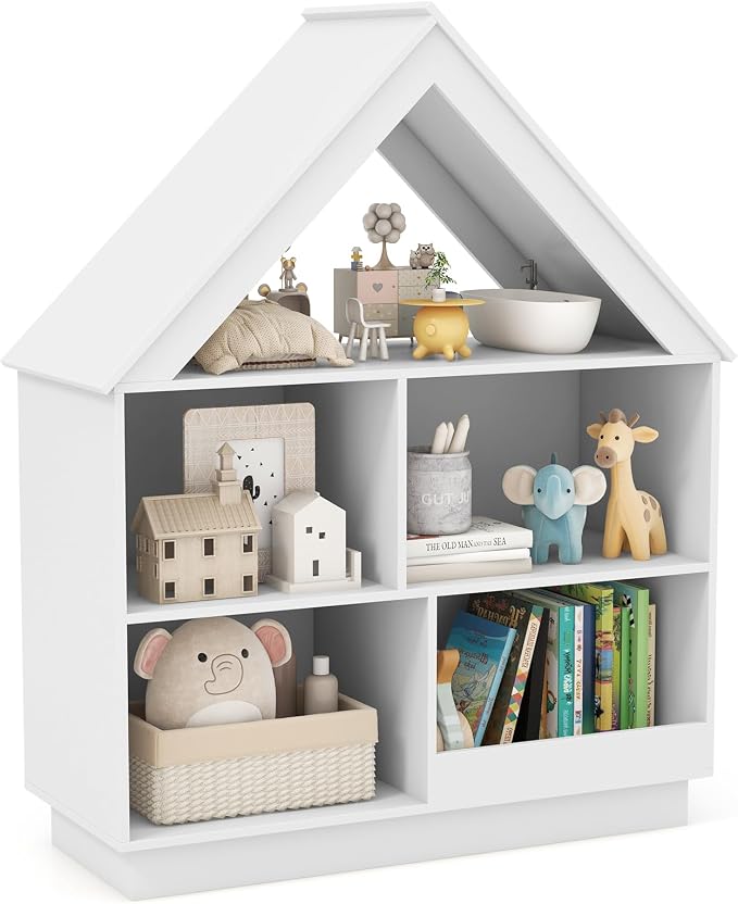 Costzon Kids Dollhouse Bookshelf, 3-Tier Wooden Open Bookcase for Toys and Books, Baby Bookshelf and Toy Storage Organizer, Book Shelf for Kids Rooms, Playroom, Nursery, Classroom (White)