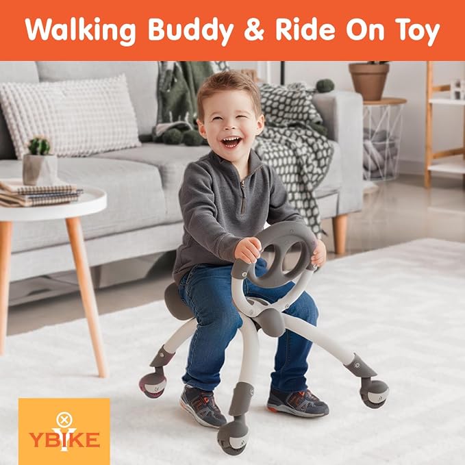 YBIKE Pewi Walking Toddler Ride On Toys - from Baby Walker to Toddler Balance Bike for Ages 9 Months to 3 Yrs, Durable Walking Buddy Push Toy, Comfortable, Indoor & Outdoor, Up to 44 Lbs, Gray