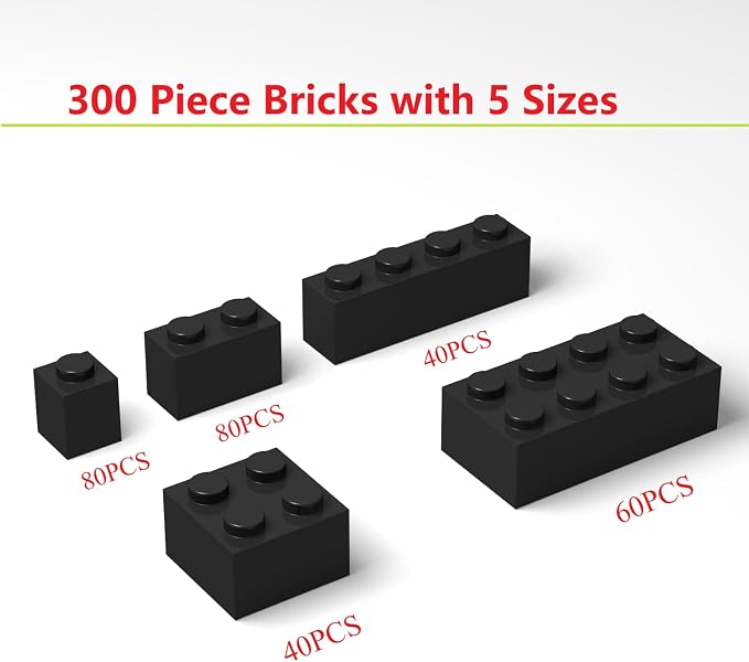 300Pcs Building Brick Bulk, Black Bulk Bricks with 5 Sizes, Compatible with Lego and Parts and Pieces, Creative Halloween Christmas Building Block Toys for Boys Girls Ages 6 7 8 9 10 Years Old