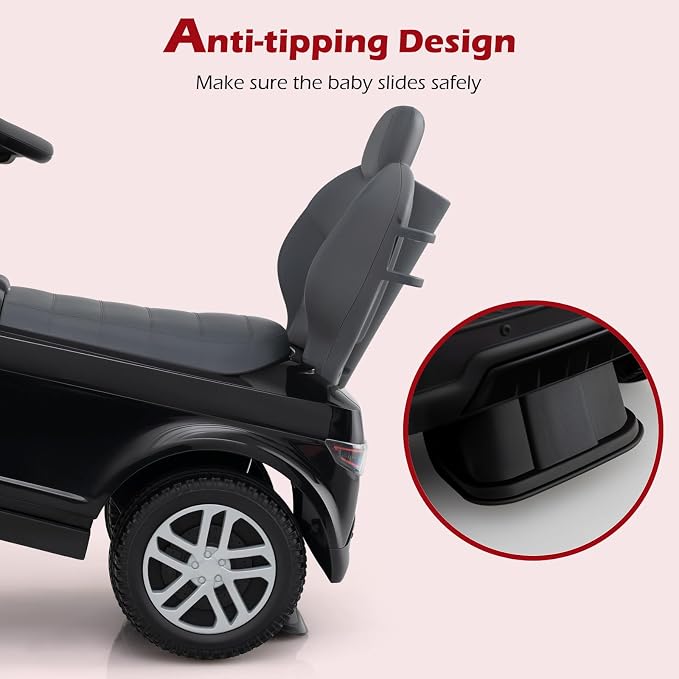 Licensed Push Car for Toddlers by INFANS, 3 in 1 Sliding Walking Car with Push Handle, Horn, Music, Underneath Storage, Foot-to-Floor Ride on Toys for Boys Girls (Black)