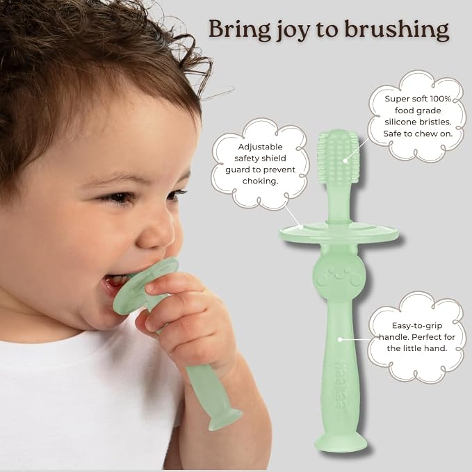 haakaa 360° Silicone Baby Toothbrush – 100% Soft Food Grade Silicone, BPA-Free, Suction Base, Safe for Babies 6 Months+, Gentle Gum and Teeth Cleaning for Infants, Gum Massager (Lime)
