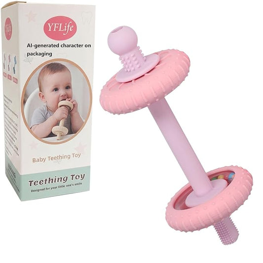 Baby Teething Toys Baby Rattle Teething Straw 3-in-1 Barbell-Shaped, Made from Silicone, Built-in Toothbrush Head and Nipple Shape, Bpa-Free, Phthalate Free, Professionally Certified, Pink