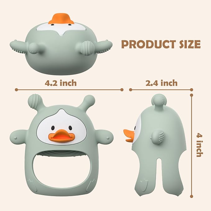 2 Pack Baby Teething Toys for 3-6 6-12 Months, Upgraded Silicone Teething Mitten with Anti-Dropping Wrist Design, Soft Sensory Baby Teether Toys, BPA Free Infant Chew Toys,Green & Nude（Duck）