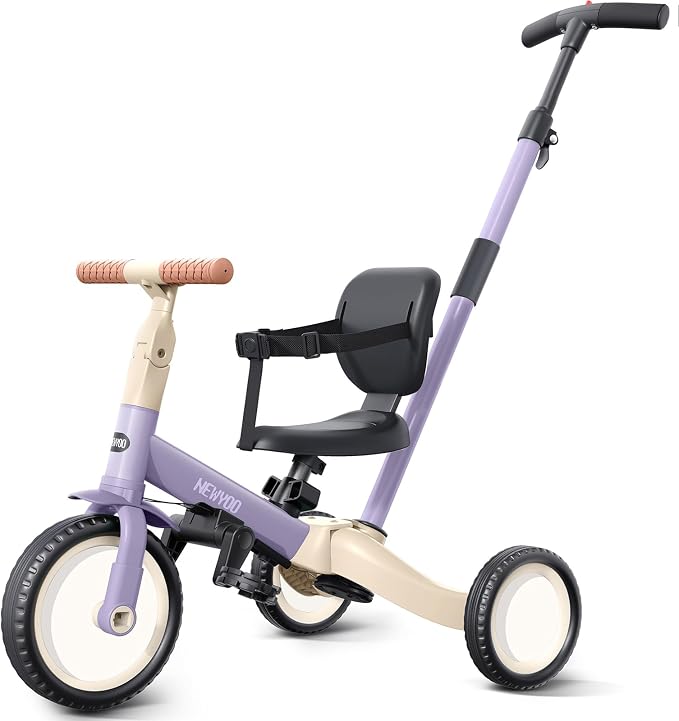 newyoo Toddler Tricycle with Push Handle for 1-3 Year Old, Toddler Bike, Birthday Toy for Boys and Girls, 5 in 1 Kids Trike, Balance Bike with Backrest and Safety Belt, Purple, TR007