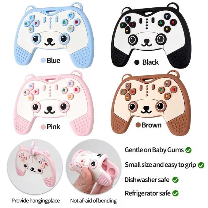 Baby Teething Toy, Soft TV Remote and Game Controller Shape Chew Set, Educational Toy for Intellectual Development, Safe Silicone for Toddler and Infant (Blue (Panda Handle + Lion Remote Control))