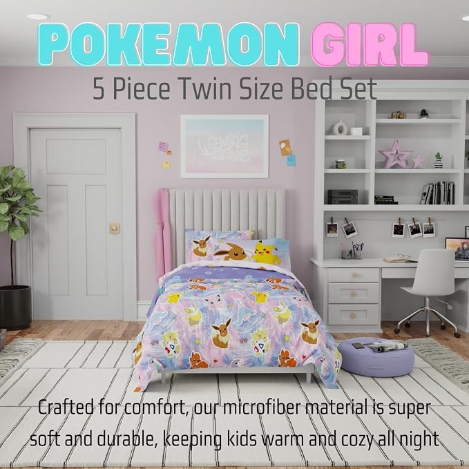 Pokémon Girl Kids Bedding Twin Size – 5 Piece Comforter & Sheet Set with Sham – Super Soft – Eevee, Pikachu & Jigglypuff – (Officially Licensed Product) By Franco