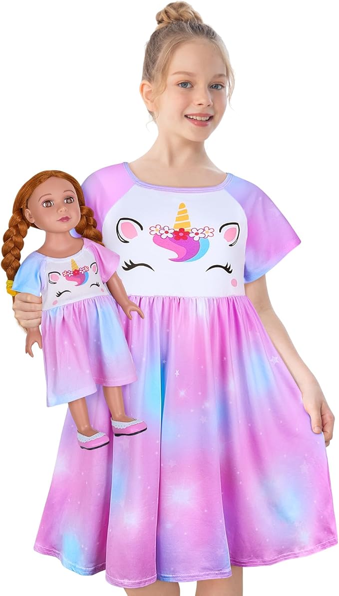 Play Tailor Doll and Girl Matching Nightgown Unicorn Outfit Pajamas Night Dress for Girls and 18" Dolls Clothes