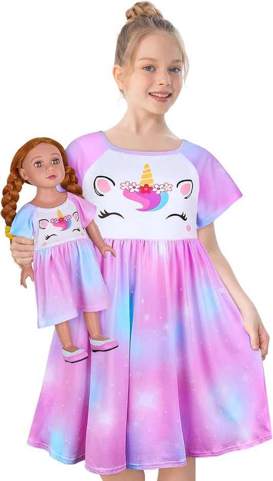 Play Tailor Doll and Girl Matching Nightgown Unicorn Outfit Pajamas Night Dress for Girls and 18" Dolls Clothes