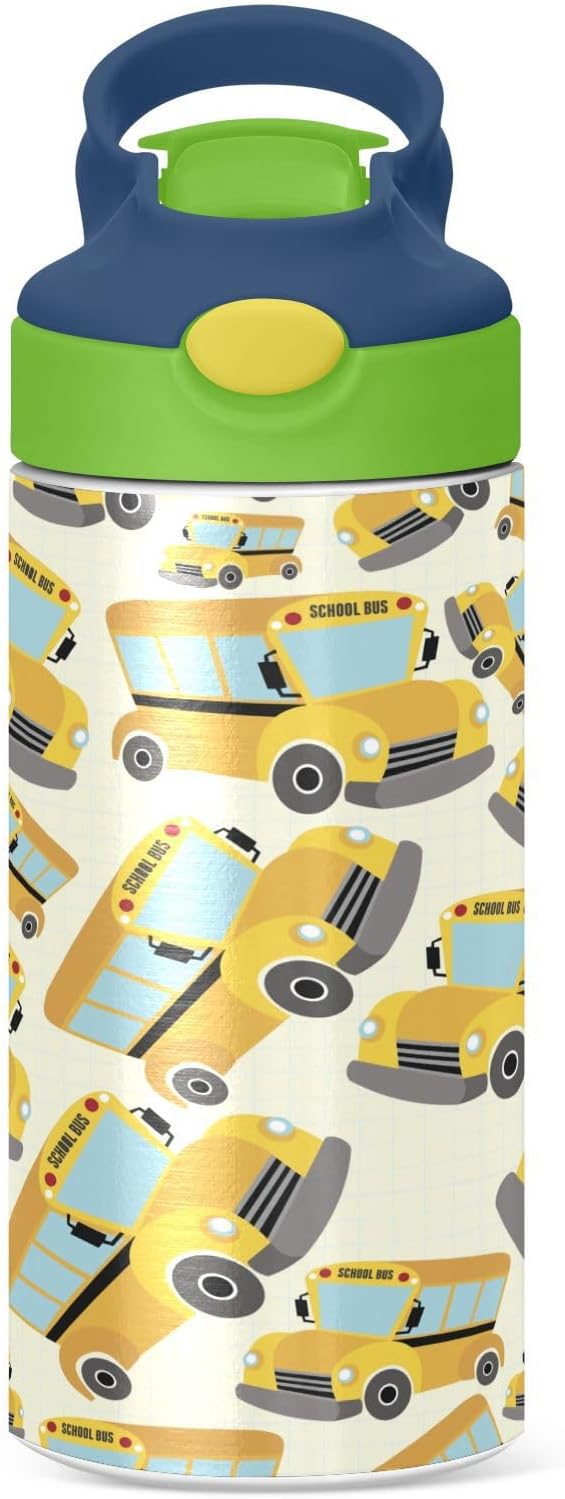Boccsty Yellow School Bus Kids Water Bottle with Straw Lid Truck Insulated Stainless Steel Reusable Tumbler for Boys Girls Toddlers 12 oz Green