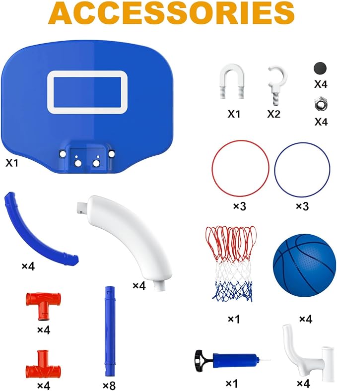 Taotuo Blue Floating Pool Basketball Hoop with Backboard, 2-in-1 Poor Toy Basketball & Ring Toss Game with 4 Balls, 6 Rings&Pump, Summer Pool Toys Outdoor Water Fun Family Party for Age 3-12