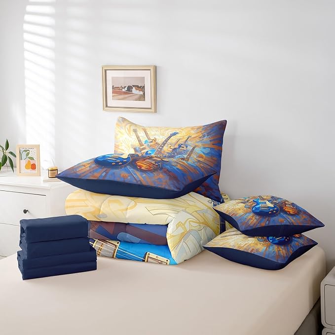Feelyou Guitar Comforter Set with Sheets Queen Size Rock Music Bed in a Bag for Boys Girls Teens Yellow Blue 7 Pieces Bedding Set Soft Lightweight Microfiber