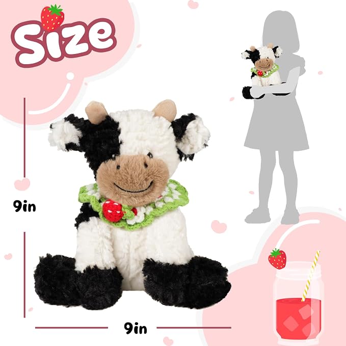 Hopearl Adorable Plush Cow Toy with Knitted Cute Strawberry Bib Floppy Dairy Cattle Soft Kawaii Stuffed Animal Gift for Boys Girls Kids Toddlers, 9''
