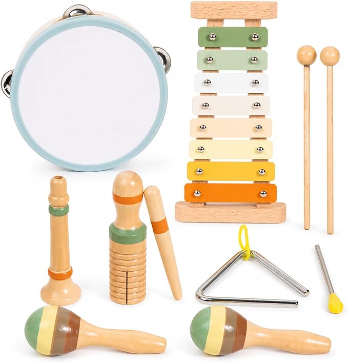 Wooden Musical Instruments Set for Toddlers 3+, Montessori Music Toys with Xylophone, Maracas & Tambourine, Soft Sound Indoor Percussion Toys, Early Learning Gift for Boys Girls