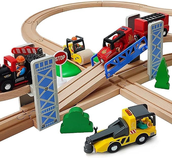 Lift Bridge Wooden Crane Toy Set with Train Cars - Compatible with Major Wooden Rail Brands - Ages 3-5
