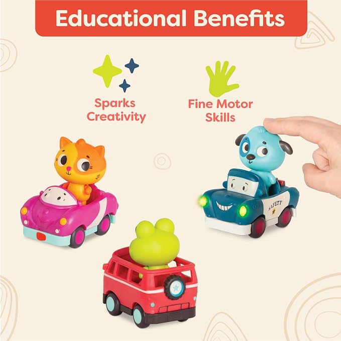 B. toys – Mini Riders – Cars & Animal Characters – Smart Car, Police Car, Van – Toy Cars for Toddlers, Kids – Lights & Sounds – 12+ Months