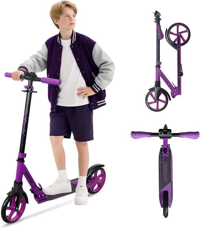 Nattork Kick Scooter for Kids 6+ Years Teens Adults - 220LB Weight Capacity, Front Shock Absorber and Adjustable Handlebar - Smooth Ride with 8" Sturdy Wheels, Ideal for Outdoor Sports