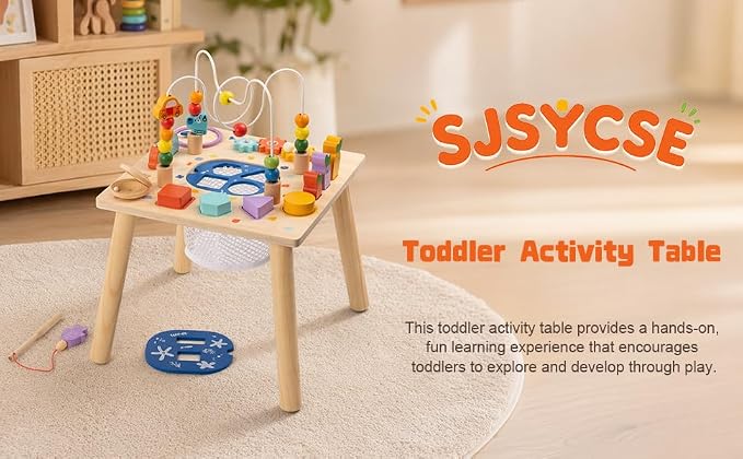 Baby Activity Table for 1 Year Old, Wooden Sensory Table Activity Center with Bead Maze with Shape Sorter Fishing Game, 8 in 1 Learning Toys for Baby 12+ Months Boys Girls Gifts