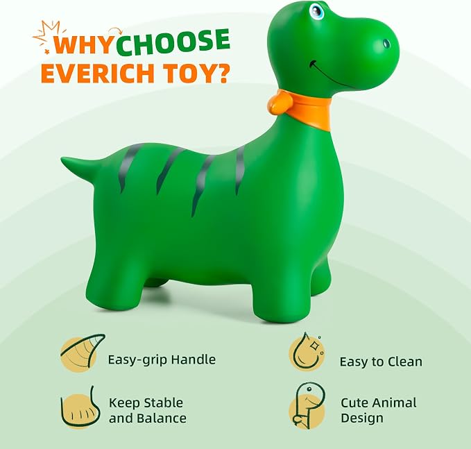 Bouncy Dinosaur Hopper Horse for Toddlers, Bouncy Animals Hopping Jumping Toys, Ride on Toys Indoor Outdoor Inflatable Birthday Gifts for Girls Boys 18 Months 2 3 4 5 6 Year Old, Green