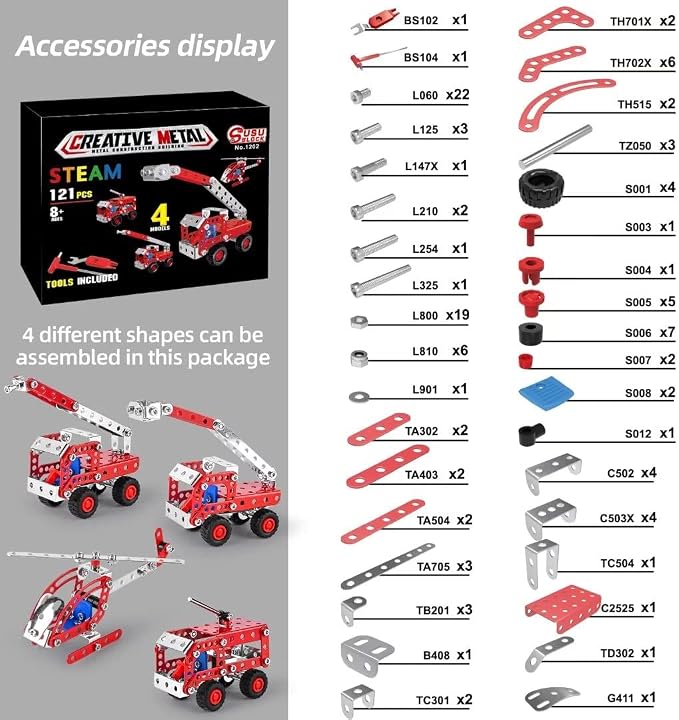 Ferthor Fun Stem Building Toys for Boys Age 8-12,Creative Sets Fire Trucks Series Model Kit,Assembly Toys for Kids,Metal Building Blocks for Model 4 in 1 Fire Fighting Cars(121PCS)