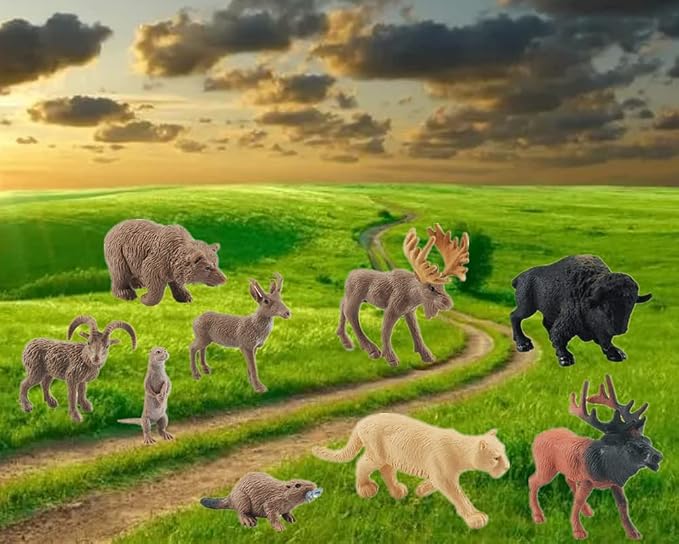 NatureMan North American Animals Set 12PCS Mini Wild Animals Figurines Set cludes Moose Raccoon Cougar, Wolf, Beaver for Children Educational Toy Cake Toppers