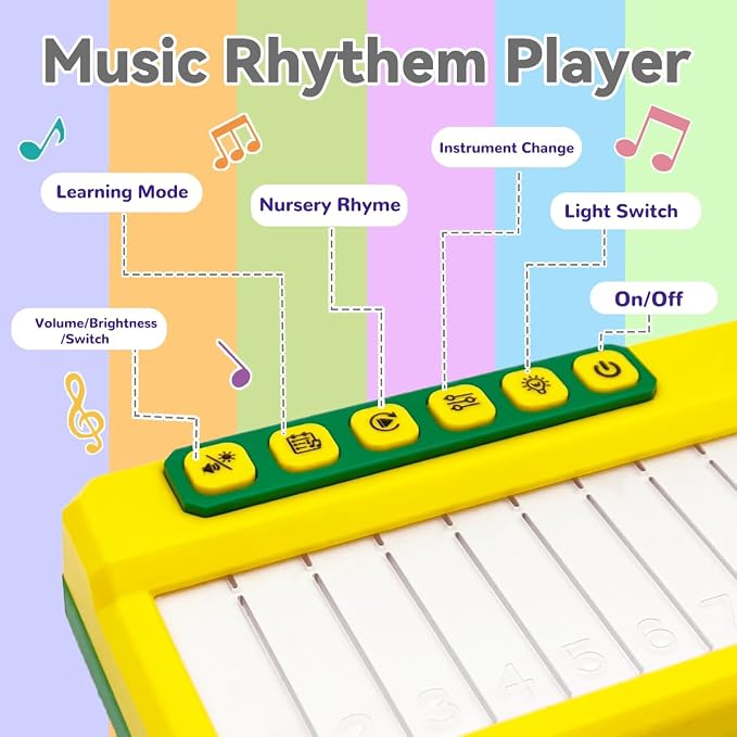Toddlers Piano Toy with Rainbow Lights, Portable Travel Piano Keyboard Musical Instrument Learning Toys, Music Interactive Birthday Gift for 3 4 5 Year Old (Yellow)