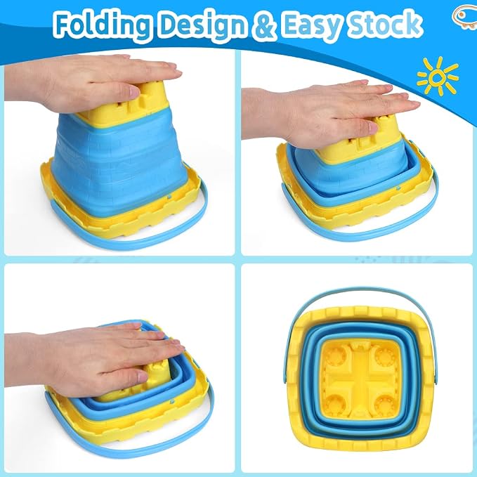 7 PCS Castle Foldable Beach Sand Buckets Toy Set with Shovels Scoop Sifter for Kids, 3L Silicone Collapsible Bucket Pails for Toddler, Summer Toy, Sandbox Kit Camping Gear Beach Essential Gift