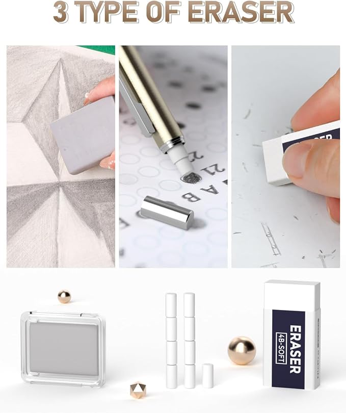Nicpro 35PCS Gold Art Mechanical Pencils Set, 3 PCS Metal Drafting Pencil 0.5 mm & 0.7 mm & 0.9 mm & 3 PCS 2mm Lead Holder (6B 4B 2B HB 2H 4H Colors) For Sketching Drawing With 20 Tube Lead Refills