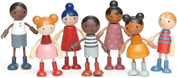 Tender Leaf Toys - Doll Family - Cute Wooden Flexible Doll Family for Kid's Dollhouse, Four Pcs of Multicultural Mom, Dad, Boy and Girl - Age 3+