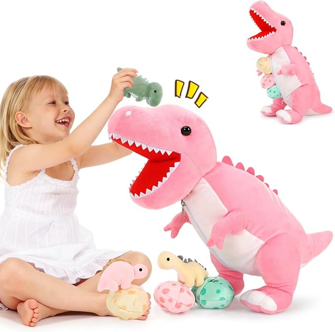 MorisMos Dinosaur Stuffed Animal with Babies Inside Belly, 23.6'' Interactive Talking Mommy Stuffed Dino T-rex Plush with 3 Baby Dinos & Eggs, Boy Girl Dinosaur Toys for Kids 3-8, Pink T-rex Toys Gift