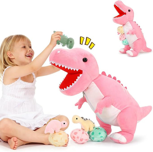 MorisMos Dinosaur Stuffed Animal with Babies Inside Belly, 23.6'' Interactive Talking Mommy Stuffed Dino T-rex Plush with 3 Baby Dinos & Eggs, Boy Girl Dinosaur Toys for Kids 3-8, Pink T-rex Toys Gift