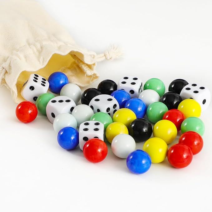 30 PCS Glass Marbles 6 Colors for Wahoo Marble Games and 6 Dices (0.63inches)