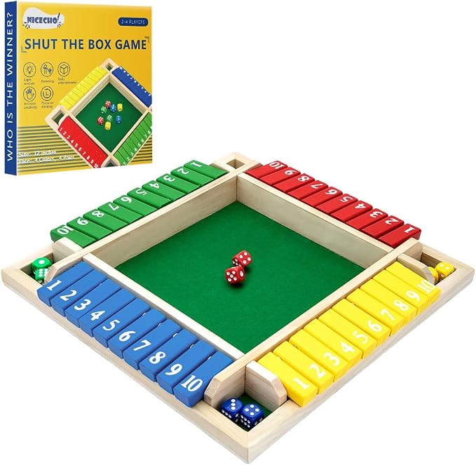 Shut The Box Game, 12 Inches Family Wooden Board Table Math Dice Games for Adults and Kids, 2-4 Player Classics Tabletop Version Games for Classroom,Home,Party or Pub