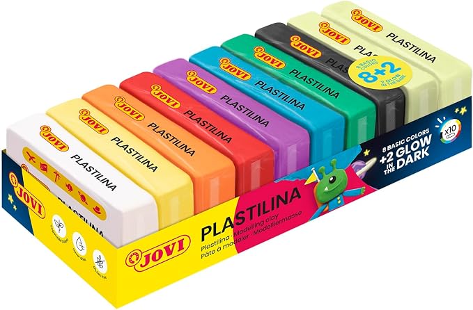 Jovi - Non Drying Modeling Clay, 8 Basic Color + 2 Glow in The Dark | Glow in the Dark - Non-Toxic - Non-Drying - For Kids Ages 3+ - Plant Based