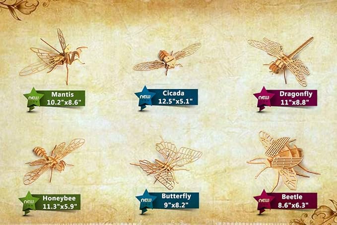 3D Wooden Insect Puzzle - 6 Piece Set Insect Animal Skeleton Assembly Model Puzzle - DIY Wooden Crafts 3D Puzzle - Wood STEM Gifts for Adults & Teens Birthday Gifts Christmas