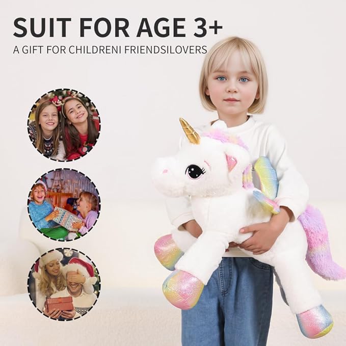 FFxiong 24 Inch Big Unicorn Stuffed Animal Plush Toy Pillow, Cute Soft Giant Unicorn with Rainbow Wings Large Doll, Gift for Children Girls Boys Kids Valentine Birthday Christmas