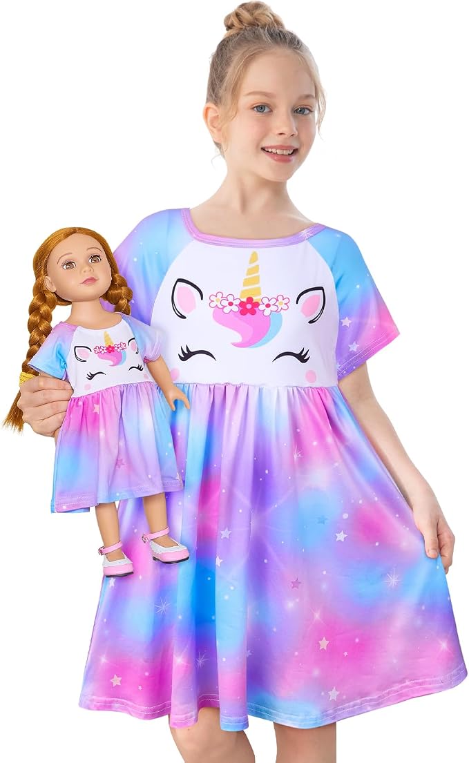 Play Tailor Doll and Girl Matching Nightgown Unicorn Outfit Pajamas Night Dress for Girls and 18" Dolls Clothes