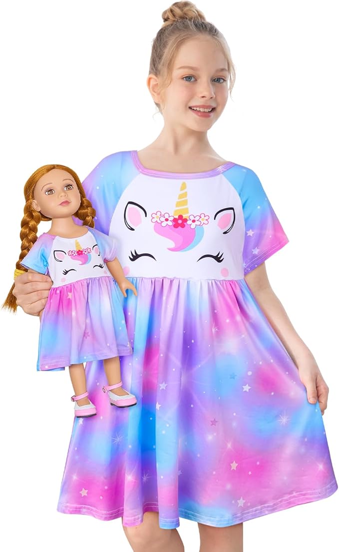 Play Tailor Doll and Girl Matching Nightgown Unicorn Outfit Pajamas Night Dress for Girls and 18" Dolls Clothes