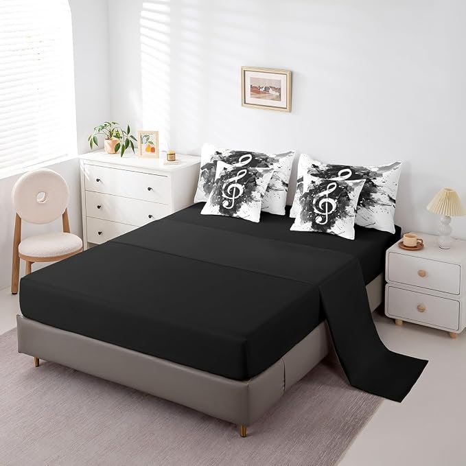 Feelyou Music Comforter Set with Sheets Twin Size Guitar Instruments Bed in a Bag for Boys Girls Teens Black White 7 Pieces Bedding Set Soft Lightweight Microfiber