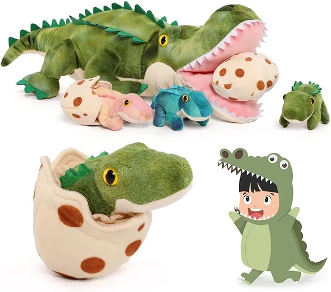7Pcs Alligator Stuffed Animal, 23.6" Giant Crocodile Plush Toy with 3 Baby Crocodiles Plushies, Stuffed Alligator Gift for Kids on Birthday,Christmas or Baby Shower,Party Decorations