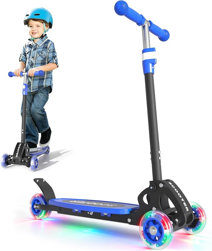 Scooter for Kids Ages 3-5, LED Light Up 3 Wheel Toddler Scooter with 4 Adjustable Heights, Lean-to-Steer Wheels, Safe Metal Brake, Foldable Kick Scooter for Boys Girls, Support 120 lbs, Birthday Gift